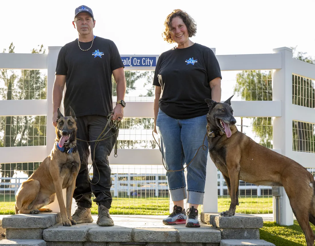 Blue Star Dog Training owners John and Elke Barbao with two trained shepherds at their Menifee ranch